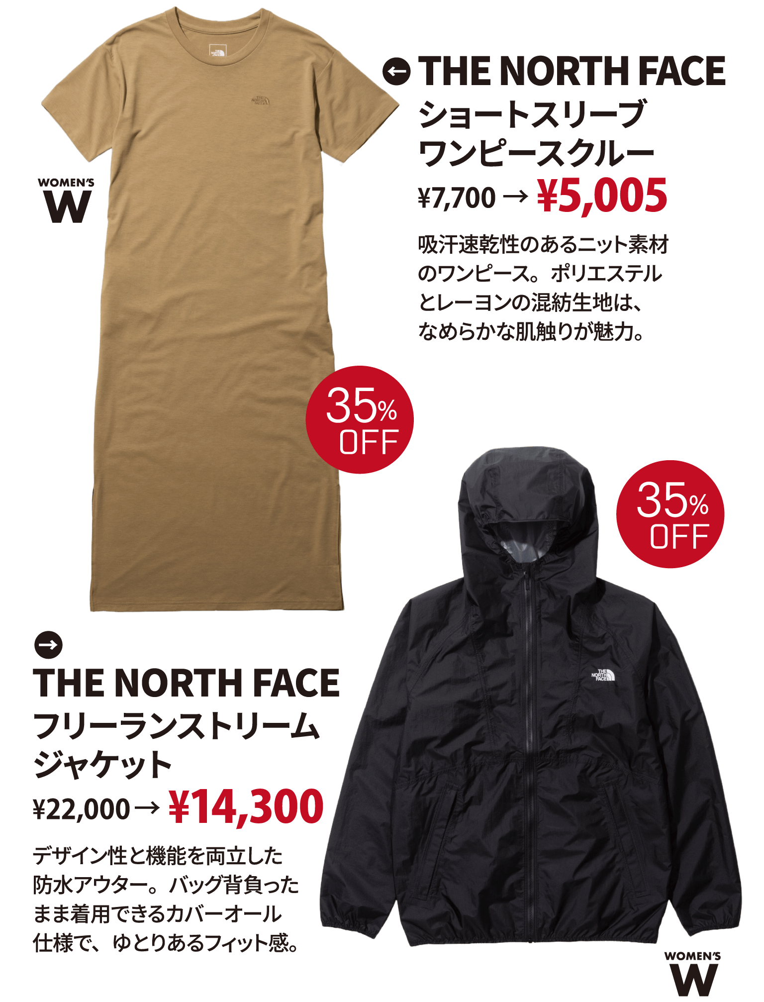 THE NORTH FACE ショートスリーブワンピースクルー WOMEN'S／THE NORTH FACE フリーランストリームジャケット WOMEN'S