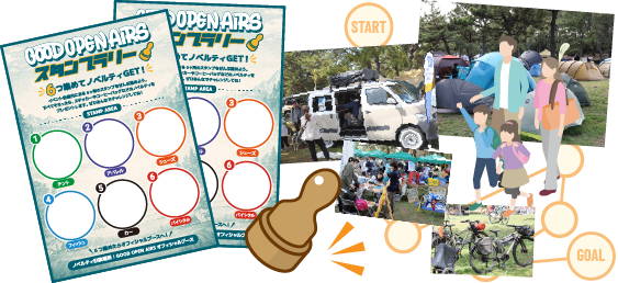 スタンプラリーの台紙とスタンプラリーを楽しむファミリー